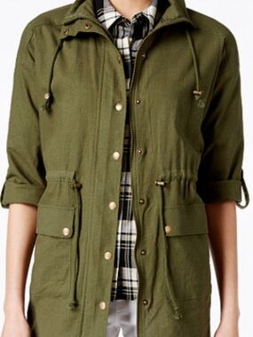 Olive Green Utility Drawstring Linen Blend Jacket - Size Small
